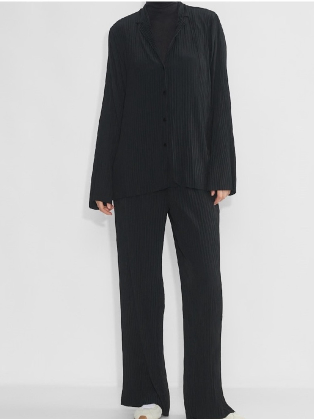 Aritzia Babaton Pleated Two-Piece Set pleated blouse and pants set.